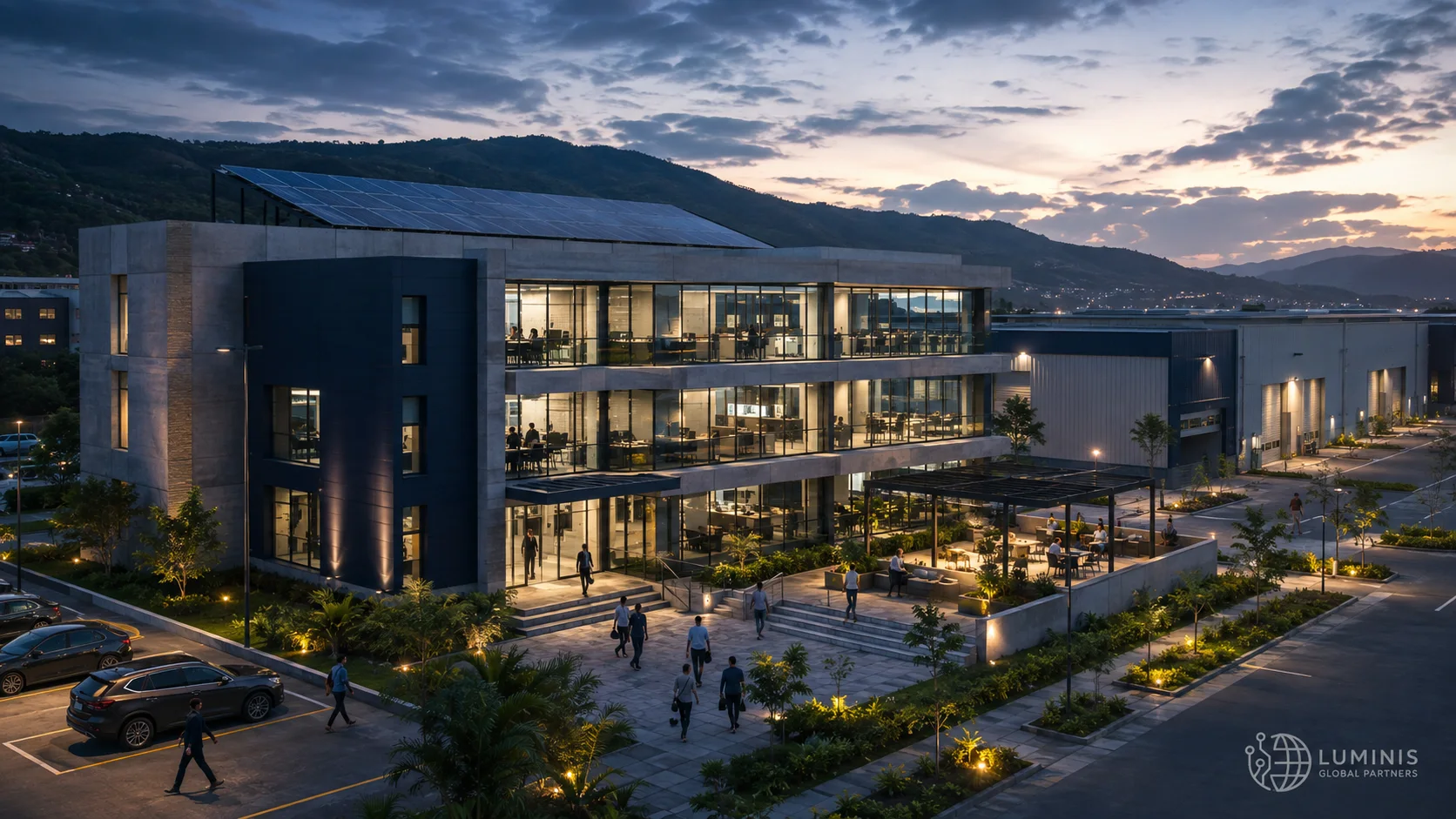 Comunidad residencial moderna con iluminación exterior
