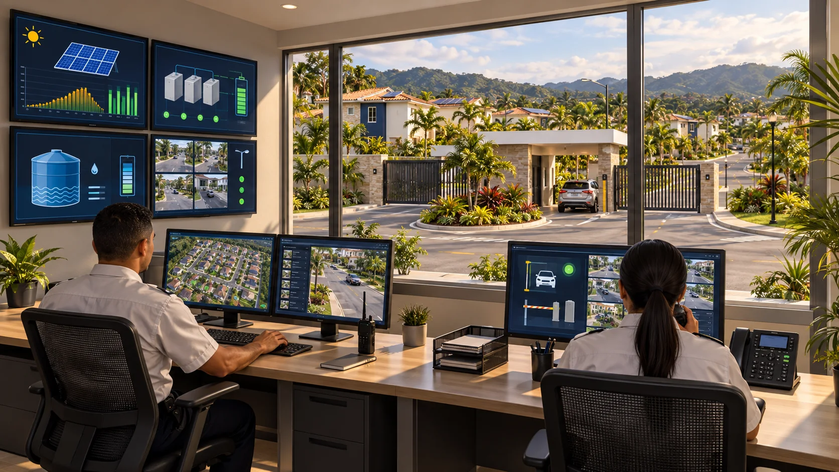 Centro de control supervisando energía solar y almacenamiento para una comunidad residencial
